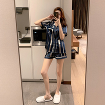 2021 new spring and summer ice silk pajamas womens short-sleeved thin models can be worn outside summer high-end striped blue home clothes