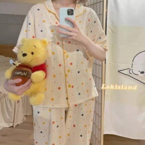 Pure cotton cotton yarn pajamas womens summer suit cute Korean version of the student girl small short-sleeved home clothes can be worn outside