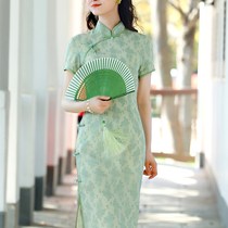 Green cheongsam 2021 new young girl long retro elegant summer high-end modified dress