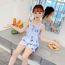 Girls  pajamas Summer childrens thin cotton cotton silk suspenders Little girl cute baby air conditioning home wear set