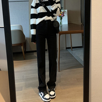 Black straight jeans women spring and autumn 2021 new autumn and winter loose slim Joker high waist pipe mop pants