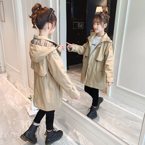Girls long trench coat 2021 autumn new childrens autumn coat middle child Spring and Autumn hooded waist jacket