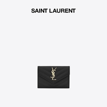 YSL Saint Laurent ladies trumpet black letter logo grain texture embossed leather envelope wallet