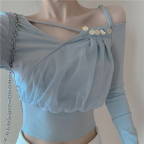 Design sense slim mesh irregular long-sleeved T-shirt womens 2021 spring and autumn new short inner tie base shirt top