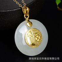 Chinese style 999 full gold gourd pendant Female gold inlaid jade Ruyi necklace Ancient auspicious cloud Ruyi gourd pendant