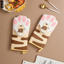 Oven gloves anti-scalding thick and long cute cat claw insulation kitchen microwave oven special baking high temperature resistant