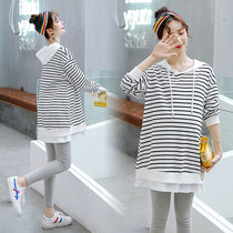 Maternity dress early Autumn Sweater long sleeve fashion loose hooded long belly top belly blouse spring autumn suit
