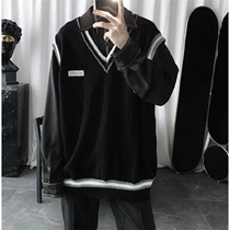 Two-piece set of single autumn and winter New black V-neck Korean version of personality sleeveless Joker knit vest sweater shirt