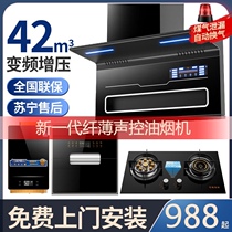 Japanese Cherry Blossom range hood gas stove household kitchen combination top side double suction smoke machine stove set