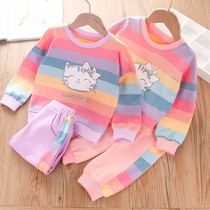 Girl set 2021 Spring and Autumn new baby girl foreign style rainbow clothes girl casual pants two-piece set