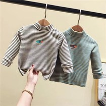 Boys and girls half-height collar padded bottoming shirt baby 2021 children autumn and winter striped velvet shirt baby foreign style T-shirt