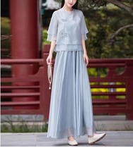Single two-piece improved version of retro Hanfu summer skirt womens suit cheongsam Chinese style Zen tea dress fairy