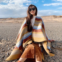 Ethnic style winter scarf female Joker thick striped shawl Xinjiang Tibet tourism Super split cloak cloak