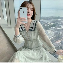  Doll collar stitching ruffle chiffon o dress 2021 early spring new womens fashion age-reducing polka dot cake