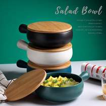 Oven baked rice bowl with handle Baking bowl Ceramic plate Personalized household tableware Instant noodle bowl with lid Fruit salad bowl