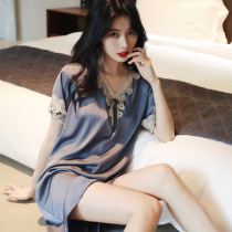 2022 New Sleepwear Woman Summer Lace Sleeping Dress Pure Desire Ice Silk Big Code Short Sleeve Superior Real Silk Home Dress