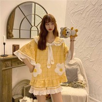 2021 new pajamas female summer students Japanese short-sleeved thin embroidery casual sweet and lovely home clothing set