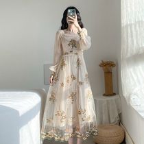 2021 spring summer dress French first love fairy dress long super Fairy Palace wind waist slim mesh embroidery dress