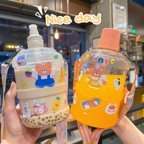Large capacity sports straw cup Cute fresh creative cartoon bucket male and female students portable rope plastic water cup