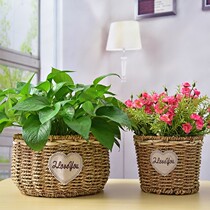 Balcony rattan decorative basket bamboo basket courtyard green dill flower pot straw flower basket basket flower blue indoor woven basket
