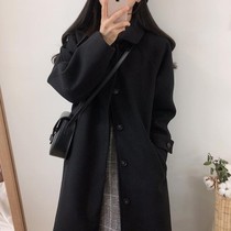 Black woolen coat womens little man 2021 Spring and Autumn Winter new long thick cashmere woolen coat