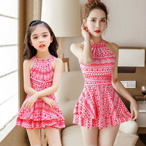 Split swimsuit parent-child outfit new conservative belly-covering skirt swimsuit mother and daughter a family of three fashion girls swimwear