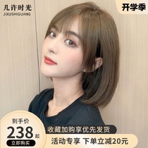 Wig Short hair female summer natural full head cover type real hair Full real hair net red round face medium long hair styling wig set