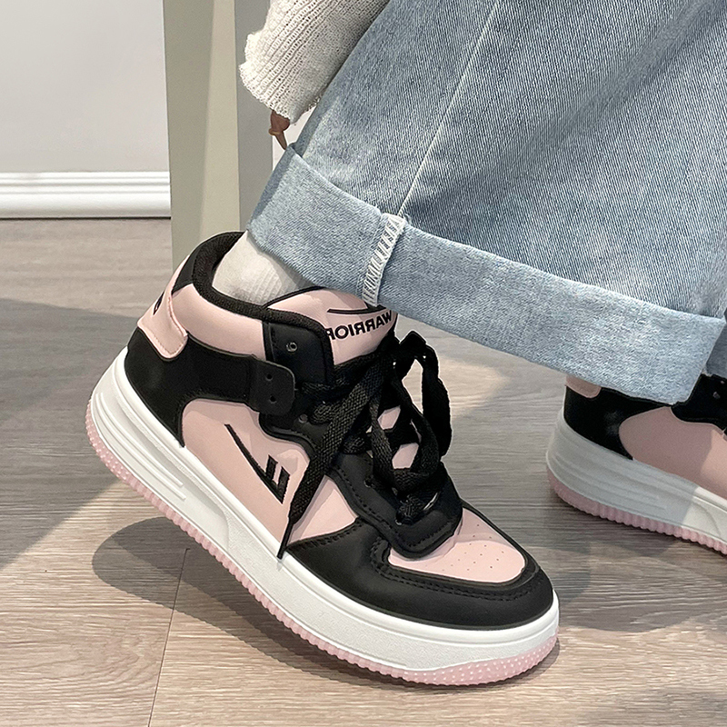 Warrior/Warrior Black Pink Women's Shoes High Top Autumn/Winter Thick Sole Board Shoes with Plush Two Cotton Shoes, Small and Versatile Shoes for Children