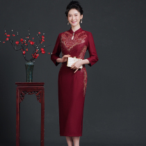 Mother wedding dress 2021 plus velvet autumn winter high-end mother-in-law dress woolen cheongsam improved dress