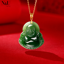 Natural Hetian jade 18K gold Buddha pendant full green jasper pot-bellied Maitreya laughing Buddha pendant jade Buddha necklace womens model