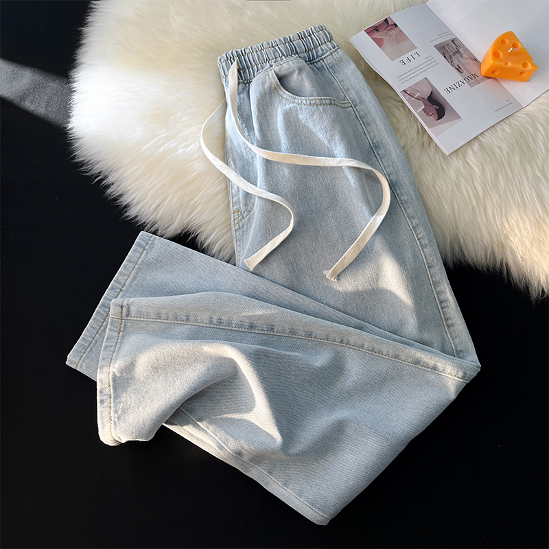 Spring and Autumn Elastic Waist Light Color Jeans for Girls High Waist Slim New Loose Straight Tube Small Narrow Wide Leg Pants