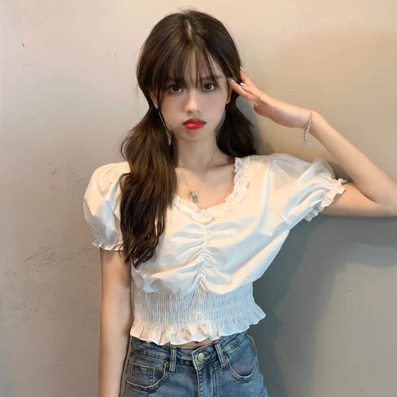 Summer Korean edition 2021 new design sense French waist thin wooden ear edge bubble short-sleeved shirt top womens clothing