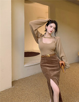 Khaki knit shirt autumn and winter stacked with suspenders top two sets of long sleeve chain short sweater shawl women