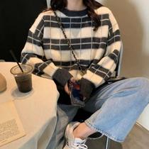 Lazy wind Japanese pullover plaid sweater womens autumn and winter New Korean loose wear Joker knit top
