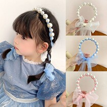 Childrens Pearl long ribbon braided hair artifact hair hoop Korean mesh headband headgear girl princess hair band female tie hair