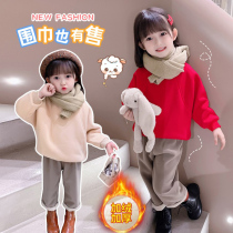 Childrens set plus velvet winter 2021 new foreign style solid color baby padded set fashionable girl two-piece set