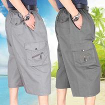 Middle-aged mens cotton shorts summer thin Capri pants five-point pants loose size high waist multi-pocket middle pants men