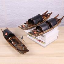 Antique solid wood craft ship model sand plate micro landscape floating Jiangnan black boat mold ornaments window toys wooden boat