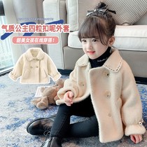 2021 new baby girl autumn and winter double-breasted woolen coat children sweet fan solid color plus velvet thick coat tide