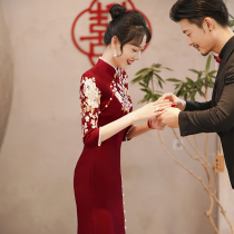 Red qipao toast to the bride 2022 new little sub back door to dress the engagement gown embroidery wedding summer