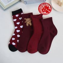 Year of the Tiger red socks womens socks Korean version of wine red cute bear solid color striped cotton socks