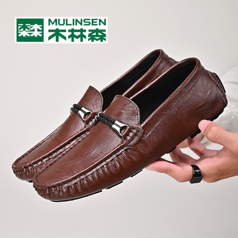 Mulinsen 紳士靴 2023 新しい秋ブラウンレザーシューズ本革ソフトソール豆靴メンズスリッポンカジュアルシューズ