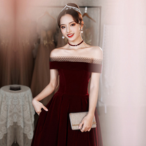Straight Shoulder Toast 2022 new brides Summer velvet light luxury High level Wine Red Engagement Evening Gown