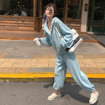 Even cap sweatshirt sports suit womens spring students loose and thin Korean version online red fashion casual two sets of foreign air