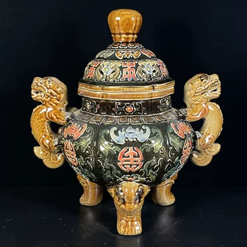 藏出 古董品 乾隆款 古銅器 年年有餘 麒麟蓋 熏香炉 香道具