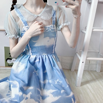 taobao agent Japanese lace doll, summer jacket, bra top, Lolita style, puff sleeves, doll collar, lace dress, with short sleeve