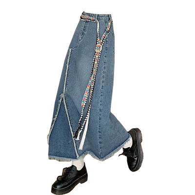 taobao agent Yuan Yuanxin Kerry's only retro blue ancient hot girl wool -edged to make old denim high -waisted skirt