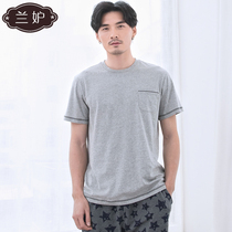Lan Ji single coat cotton pure color T-shirt mens summer thin short sleeve round neck large size young and middle-aged pajamas home clothes