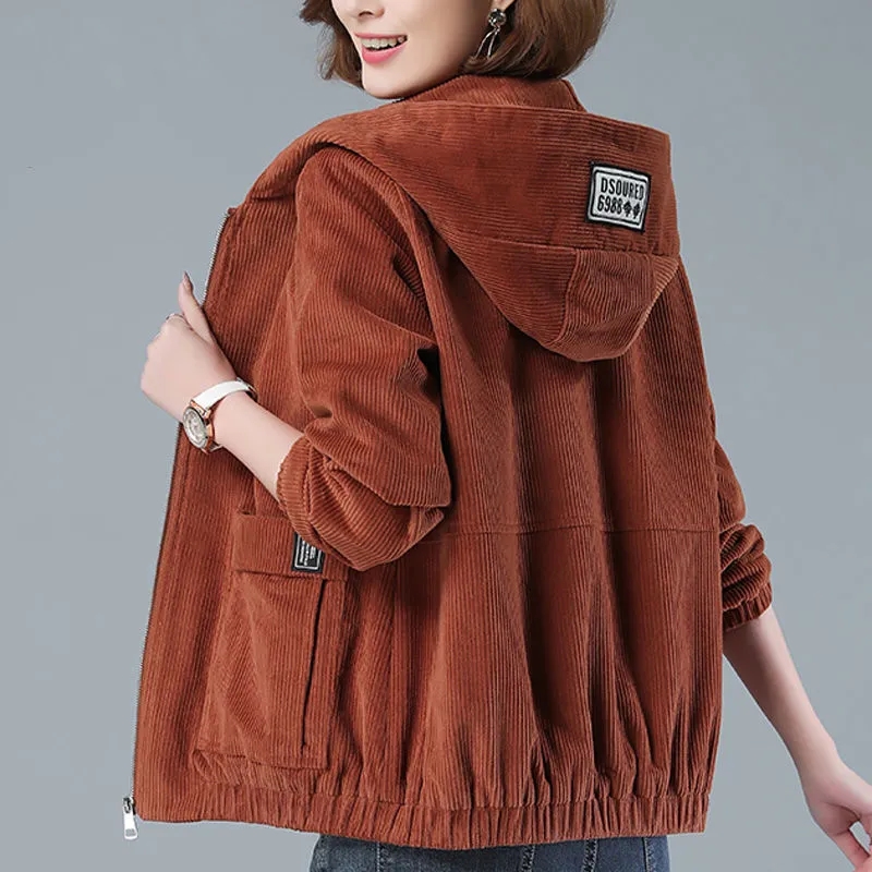 Clearing special price for handling losses, corduroy short jacket for women's autumn and winter casual top, middle-aged mother hooded jacket