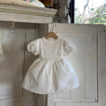 South Korean childrens clothing online red pro dress 22 Xia Yang gas mother woman dress fashion hollowed-out bubble sleeves lace lace side dress dress